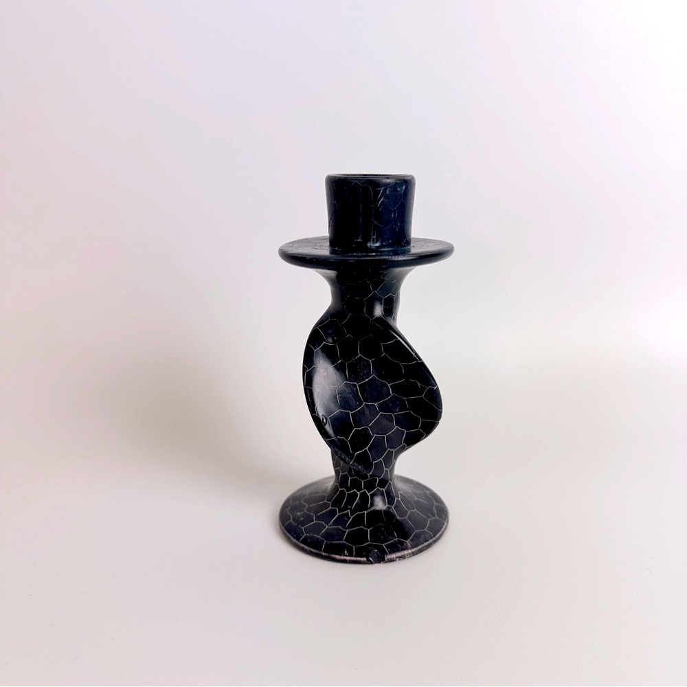 VTG Hand Carved Soapstone Taper Candle Holder Blue‎ Black